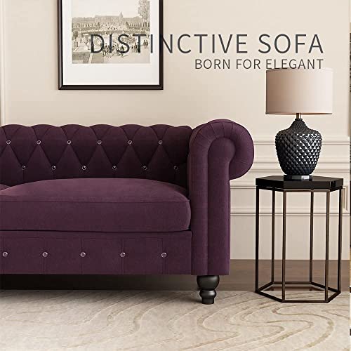 Image of Dime Store Wooden Chesterfield Sofa 3 Seater with Button Tufted Design Solid Wood Frame Upholstered Couch with Rolled Arms | Luxury Living Room Sofa for Home, Office, Lounge & Reception (BlackBerry)