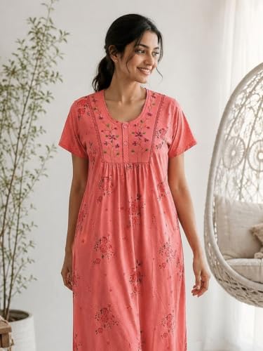 Image of 9shines Label Stylish Cotton Blend Embroidered Maxi Nightdress for Women with Pocket| Full Length Nightwear| Premium Nightdress| Comfortable Nightwear(5256)