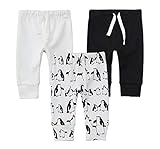 Owlivia Organic Cotton Christmas Baby Boy Girl 3-Pack Wiggle Pants Jogging Pants (White+Penguin+Black, 6-12Months)
