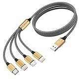 [Carga de alta velocidad]El cable de carga rápida Multi-USB Cargador Cable admite hasta un máximo de 3 A, lo que puede cargar sus 4 dispositivos más rápido al mismo tiempo. (NOTE: Este cable de carga múltiple solo está diseñado para cargar, no admite transferencia de datos)