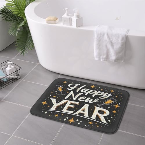 Happy New Year White Text Bold Gray Champagne Flutes Stars Polyester Door Mat Indoor Outdoor Entryway Dirt Resistant Mat 24X16Inch