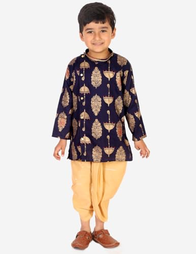 Image of superminis Boy's Golden Foil Printed Side Open Cotton Kurta, Round Collar, Full Sleeves Ethnic Wear Dhoti Kurta Set