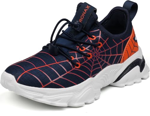 BRONAX Little Kids Athletic Shoe Slip On Boys Size 1 Spider Zapatos para Niños Comfty Light Fashion No Tie Boys Athletic Casual Walking Running Tennis Sneakers Blue Orange 33
