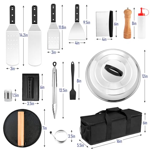 HaSteeL Griddle Accessories Kit of 27, Heavy Duty Stainless Steel Teppanyaki Spatula for Flat Top Barbecue, Professional Grill BBQ Cooking Tools Set Outdoor, Melting Dome & Dishwasher Safe - Thumbnail 2