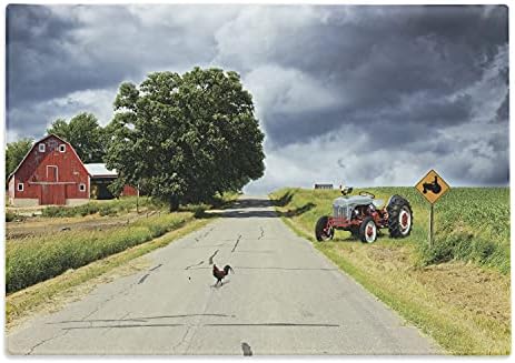 Ambesonne Rural Cutting Board, Farmhouse on the Country Road Barn and Tractor Side in Stormy Day Picture, Decorative Tempered Glass Cutting and Serving Board, Large Size, Grey Green