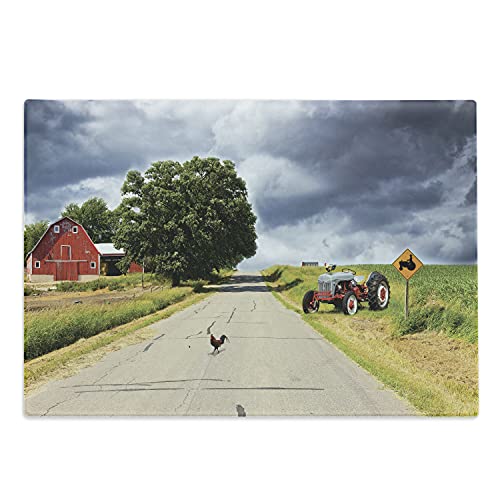 Ambesonne Rural Cutting Board, Farmhouse On The Country Road Barn And Tractor Side In Stormy Day Picture, Decorative Tempered Glass Cutting And Serving Board, Large Size, Grey Green #TOP2