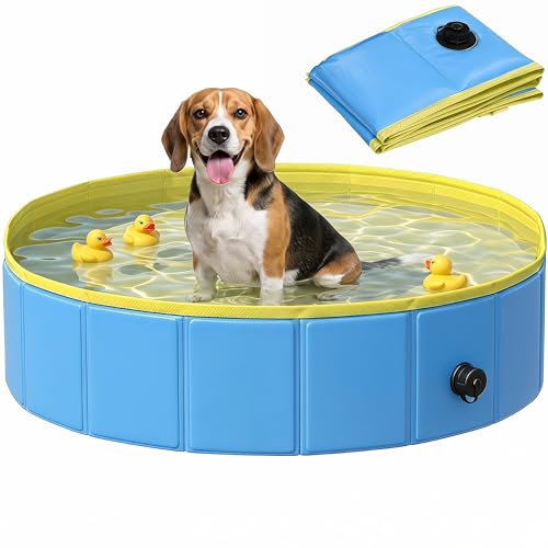 PawHut Foldable Dog Pool for Puppies and Ducks, Thickened PVC Dog Paddling Pool Bath Tub Hard Board, Anti-Slip Bottom and Hose Adapter for Easy Drainage, 100 x 30cm, Blue and Yellow