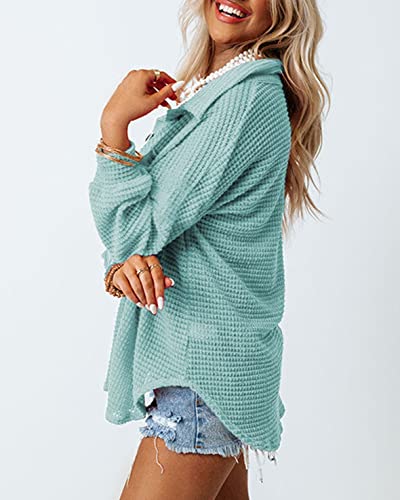 Dokotoo Women Waffle Knit Long Sleeve Shirts Plus Size Lightweight Collared V Neck Tops Solid Button Up Blouses Casual Fashion Fall Shacket Jacket Women Sky Blue X-Large #TOP15