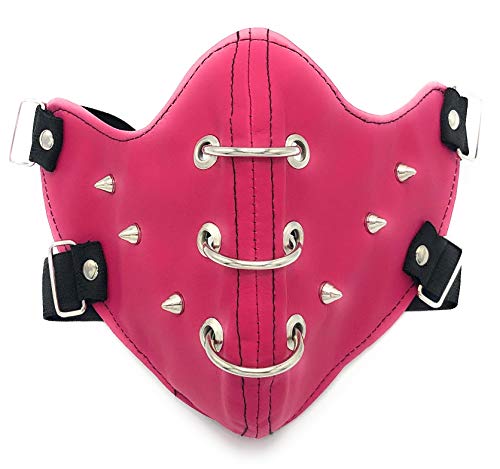 Half Face Black Leather Mask with Spikes for Bikers, Rockers, Heavy Metal Concerts and Cosplay (Pink)