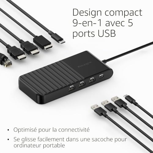 Kensington Station d'accceuil USB C Hub (9 en 1) UH1500P EQ Triple 4K@60Hz Single 8K@30Hz Ethernet PD 85W 4xUSB 3.2 2xHDMI DP Compatible avec Les Ordinateurs Portables HP, Dell, MacBook K34039WW