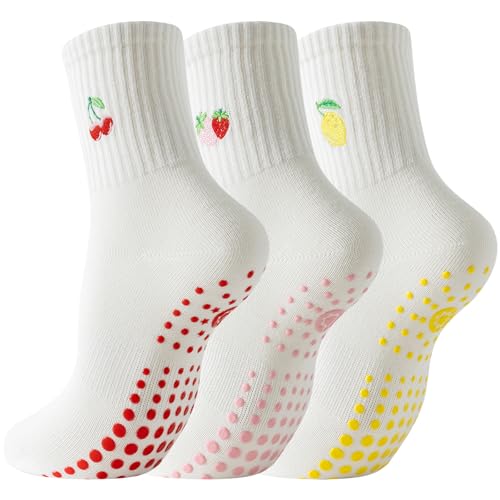BISOUSOX Pilates Socken Damen Streifen Yoga Socken für Fraue 3 Paare Baumwolle Stoppersocken für Schwangere Frau Größe 36-40 Weich Bequem Rutschsocken für Fitness Yoga Geburtstagsgeschenk