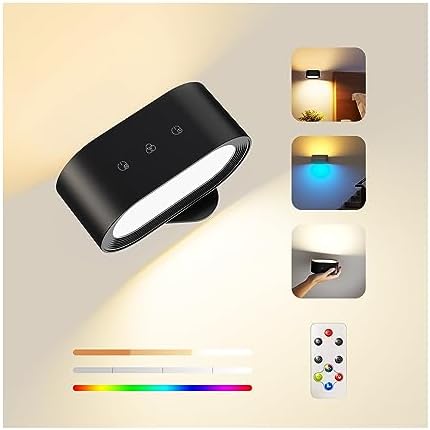 Feallive Wall Lights Indoor, Wall Lamp with Remote Control 7 RGB Ambiance Light with Battery Touch Control 15 Lighting Modes 4 Dimming Levels, 1-Hour Timer Function 360° Rotatable Up and Down Light