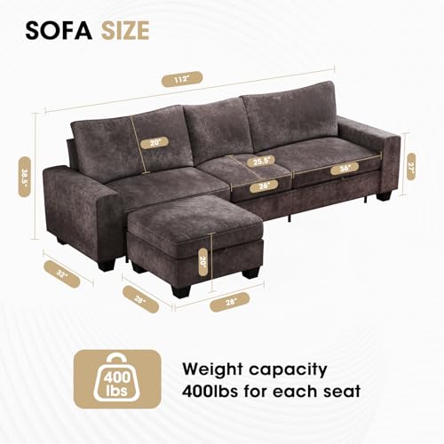 Image of Couchus 112 inch Convertible Storage Sectional Sofa,L Shaped Couch with Storage Ottoman,Multi-Functional Reversible Sofa with Huge Storage Space, Breathable Fabric(Dark Grey)