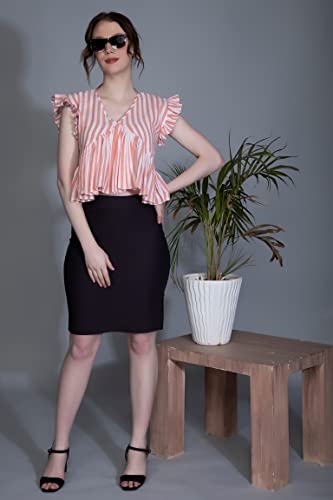 Image of Leriya Fashion Women's Western Regular Fit Crop Tops | Fancy Stripped with Ruffle Sleeves | Button Down Lightweight Cotton for Girls | Suitable for College Office Casual Wear for Ladies