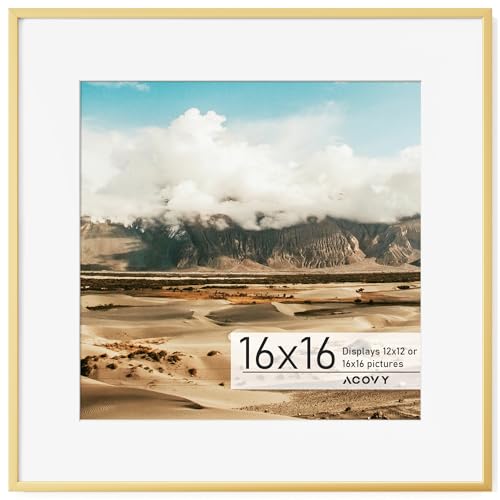 Acovy アルミフォトフレーム 16x16インチ アイボリーカラーマット付き 12x12インチ HD強化ガラス メタルポスターフレーム 壁ディスプレイ用フォトフレーム ゴールド 1パック
