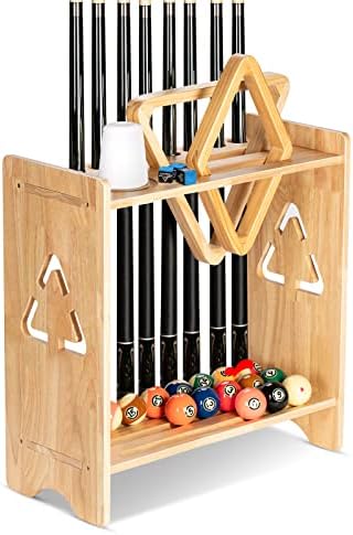 EXTCCT Pool Stick Holder Floor Stand- Billiards Pool Cue Rack Oak Solid Wooden Holds 9 Cues and Pool Table Accessories Organizer with Chalk Cone Holder for Game Room Club or Men Cave