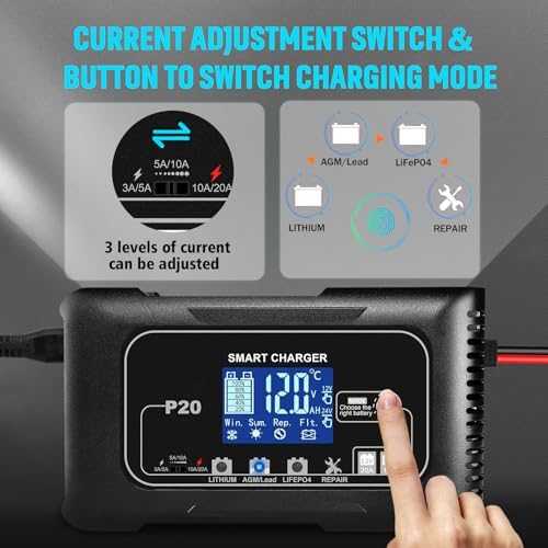 Battery Charger 0-20A,12V/24V Lead Acid Fully Automatic Battery Maintainer, Car Battery Trickle Charger Automotive w/Repair for Lithium,LiFePO4,AGM, STD, Gel, Deep Cycle Batteries — view 5