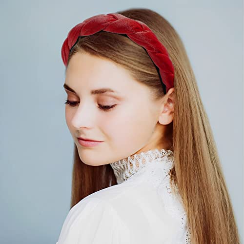 Wllhyf Velvet Braided Headbands Criss Cross Fashion Hairband Thick Wide Satin Solid Hair Hoop Non-Slip Puffy Padded Headband Cute Hair Accessories For Women Girls (Red) #TOP2
