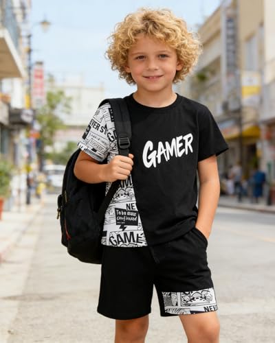 Image of OLMRJKD Boys 2 Piece Outfits Short Sleeve Colorblock T-shirt and Shorts Summer Casual Clothes for 6-12 Years