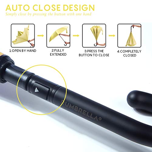 Rumbrella Reverse Umbrella Auto Close Windproof Car Umbrella Inverted With J Hook Handle For Women Girls, Yellow #TOP1