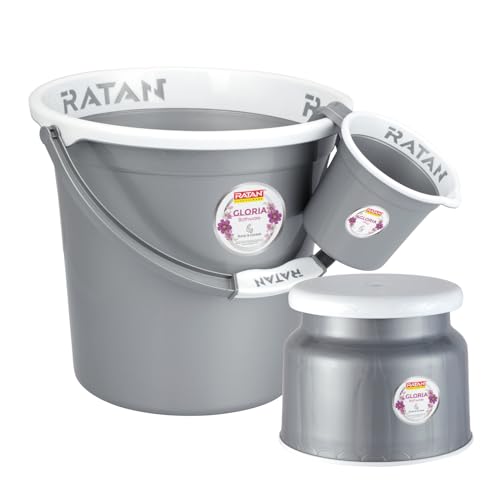 Image of RATAN PLASTICWARE Plastic Bathroom Set of 3 Pieces Combo Pack Gloria Plain,18 Liters Bucket + Nova Stool Patla 107 + Gloria Plain Bath Mug 1 Liter - NIR Silver