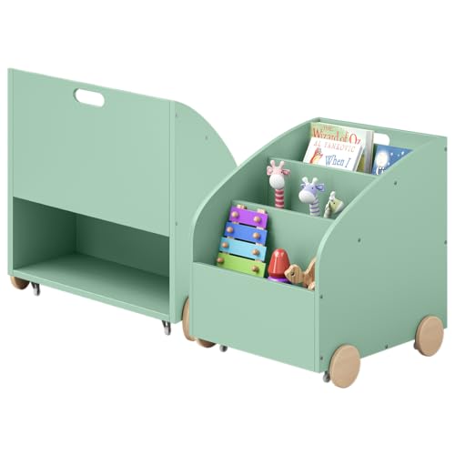 Bellabino Towy Kinderregal – Kinder Bücherregal mit 3 Fächern – Montessori Regal Mintgrün - Aufbewahrungsregal Kinderzimmer mit Rollen – Spielzeugregal mit Geheimfach – Kinderbücherregal 43x40x43 cm