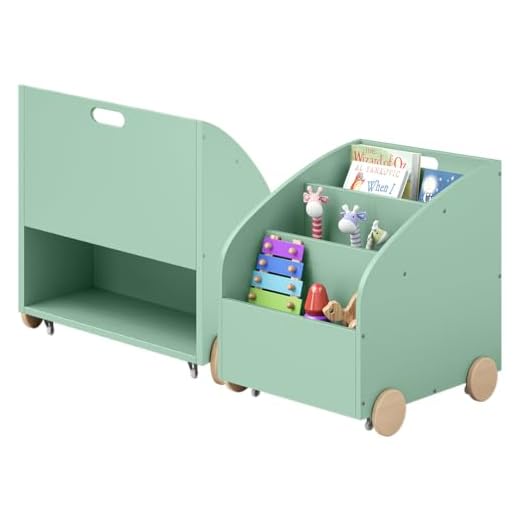 Bellabino Towy Kinderregal – Kinder Bücherregal mit 3 Fächern – Montessori Regal Mintgrün - Aufbewahrungsregal Kinderzimmer mit Rollen – Spielzeugregal mit Geheimfach – Kinderbücherregal 43x40x43 cm