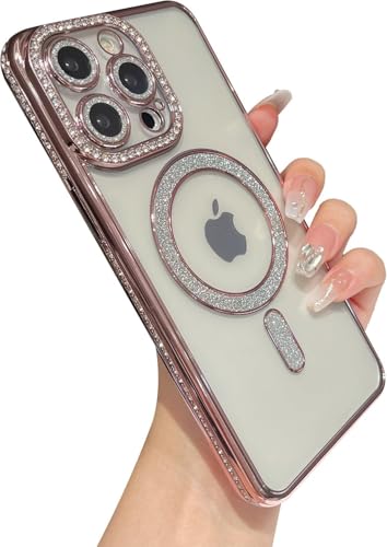 Image of The Little Shop Clear Magnetic Diamond Glitter Case for iPhone 14 Pro||Full Camera Protection Luxury Bling Transparent Shockproof for Magsafe Women Girls Cute Cover|Pink