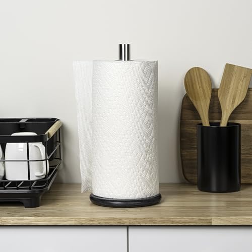 happimess PRH2000A Avery Modern Classic Metal with Non Slip Weighted Marble Base Paper Towel Holder, for Bathroom Kitchen Countertop, Standard or Jumbo-Sized Roll Paper, Black/Chrome by happimess - Image 2
