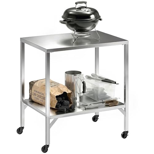 Outsunny Chariot de Barbecue en Acier Inoxydable - Table de Préparation Extérieur de 85x60cm avec Plan de Travail et roulettes - Desserte de Jardin Stable pour Four à Pizza et Grill, Argenté
