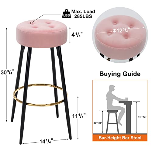 Furnimart 30 Inches Modern Round Bar Stools Set Of 2, Upholstered Dining Chair Stool With Gold Footrest For Kitchen Island Coffee Pub Shop Bar Height (Velvet/Pink) #TOP2