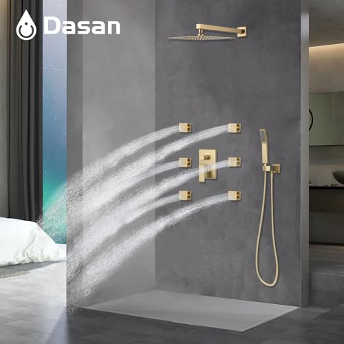 DASAN Full Body Shower System with 6 PCS Body Spray Jets & 12'' Rain Overhead Shower & Handheld, In-Wall Rain Shower System Brushed Gold Shower Faucets Sets Complete with Valve, SA-SS03ABG-S12W by Dasan - Used condition - Image 2