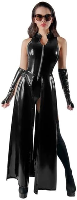 Wet Look PVC Leather Sleeveless Bodysuit Halloween Fancy Dress High Split Skirted Nightclub Rompers Exotic Shiny Clubwear