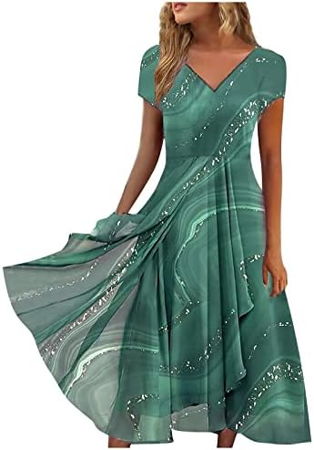 Summer Elegant Oversized Dress Women's Short Sleeve Formal Fit V-Neck Dresses Printing Thin Sequinned Soft Evening Dresses Womens Dark Green