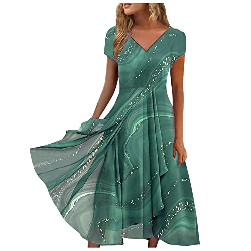 Summer Elegant Oversized Dress Women's Short Sleeve Formal Fit V-Neck Dresses Printing Thin Sequinned Soft Evening Dresses Womens Dark Green #TOP3