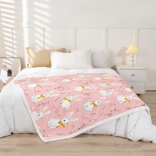 Image of Cute Rabbit Throw Blankets Cartoon Bunny Pink Fleece Flannel Throws Boys Girls Lovely Little Floral Rabbit Decor Soft Cozy Fleece Blankets Botanical Animal for Sofa Bed Couch,40x50 Inches