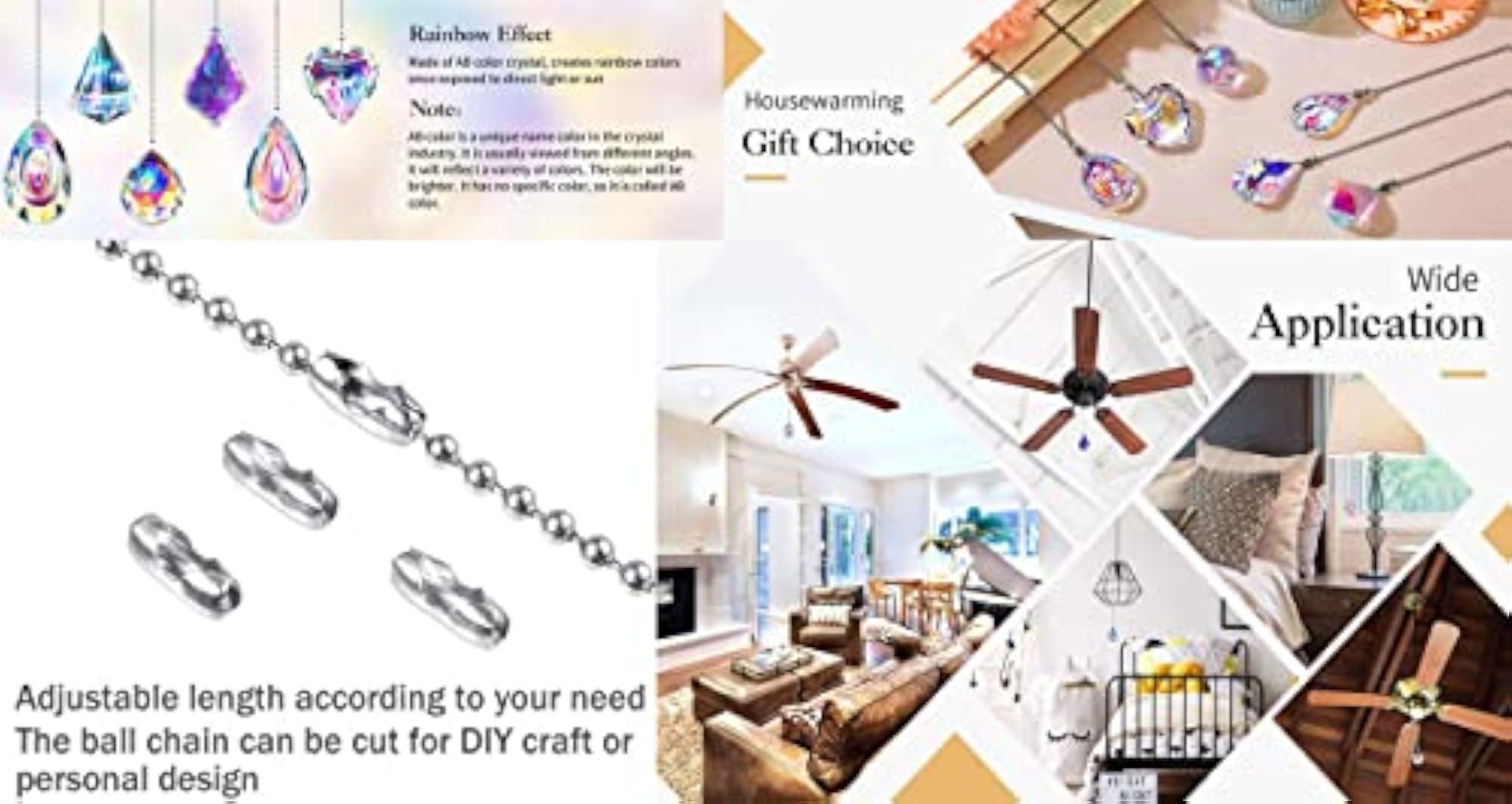 2 Meter Bright Silver Ceiling Fan Pull Chain with Clear Crystal Handle