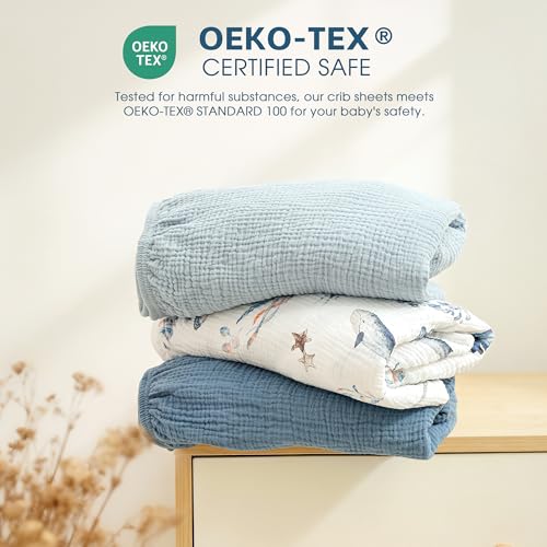 Image of GRSSDER 100% Cotton Muslin Crib Sheet 2 Pack - Breathable & Ultra-Soft Fitted Crib Sheets for Standard Baby & Toddler Mattresses, 52 inchx28 inch with 9 inch Deep Pocket, Snug Fit All-Around Elastic