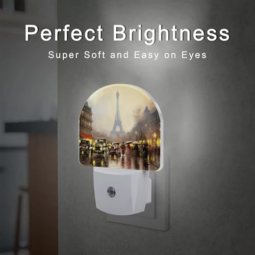 Image of Paris Eiffel Tower Oil Painting Night Light for Kids,City Street Night View Night Light Plug in with Dusk to Dawn Sensor,0.5w Energy Saving Nightlight for Hallway Stairway Kitchen Bedroom