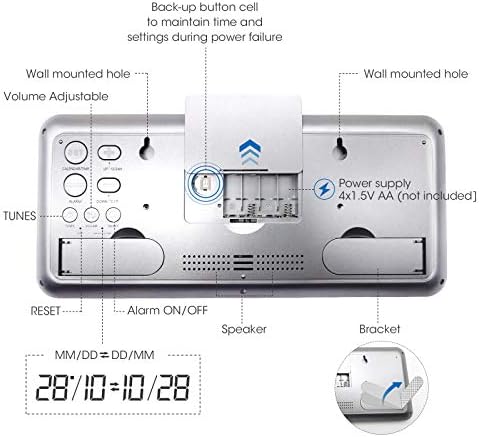 Large Digital Wall Clock Battery-MQUPIN 14'' Extra Desk LCD Wall Clock with Auto Time Set Dual Alarms Temperature Adjustable Volume Large LCD Screen Digital Wall Clock for Bedroom Desk Office(White)