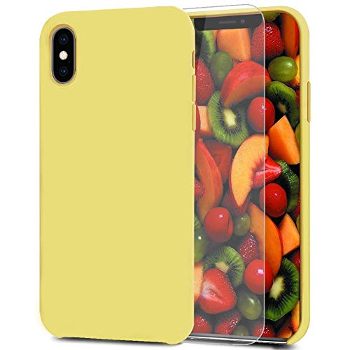Feyten Coque iPhone XS/iPhone X [avec Verre Trempé], Silicone Liquide Housse Case Anti-Choc Anti-Rayures Protection Complète Cover Étui avec Tissu Microfibre Coussin Coveri (Jaune Citron)