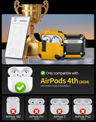 Image of Pohgelan Compatible with AirPods 4 Case Carbon Fiber Texture(Yellow) | Magnetic Automatic Lock with Phone Stand & Cleaning Kit,Compatible with Magsafe