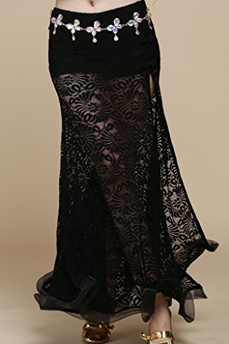 Zltdream Retro Jacquard Lace Belly Dance Slit Skirt With Comfort Underwear Safety Pants Black #TOP4