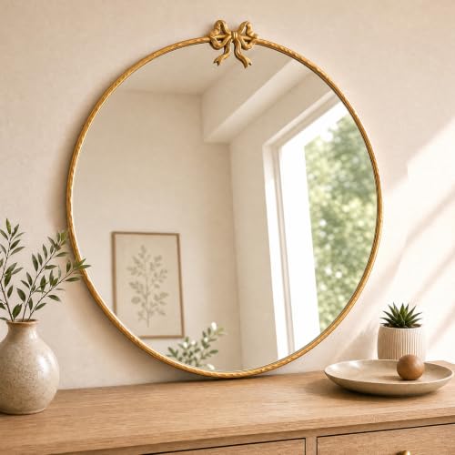 Image of 32 Inch Gold Circle Mirror, Bow Round Wall Mirror Vintage Gold Decor