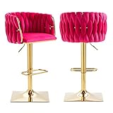 NIOIIKIT Bar Stool Set of 2, Velvet Upholstered Swivel Barstool, Counter Height Chair with Hand Woven Backrest, Dining Barstool with Footrest, Bar Chair for Kitchen Island, Pub (Rose Red)