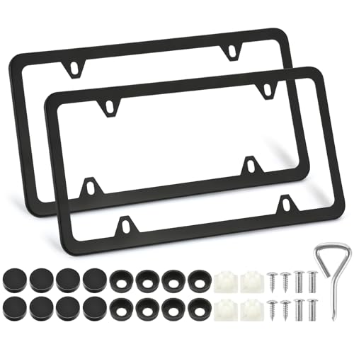 2 Pack License Plate Frames, 4 Holes Matte Black License Plate Frame, Aluminum License Plate Holder with Free Screws Fasteners Caps and Tool