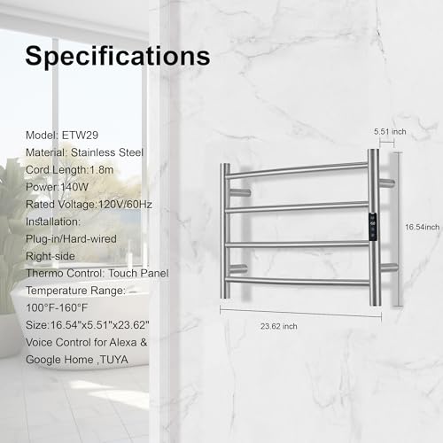 SHARNDY Electric Towel Rack with Voice Control for Alexa & Google Home,TUYA - Wall-Mounted Bathroom Heating Towel Warmer,Plug-in,Stainless Steel Material,16.54x23.62x5.51 in,Brushed，4 Bars by SHARNDY - Image 4