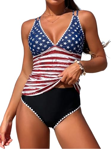 Jullumi American Flag Tankini Swimsuits for Women High Waisted Bathing Suit Push Up Tankini Top with Cheeky Shorts Perfect for Beach Vacations (American Flag XXL)