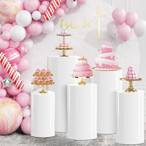 HoldOneLight 5-Pack weiße Zylinder Sockel steht - Runde Display-Säulen für Kuchen, Blumen, Party Tischdekorationen, Sockel für Parteien, Event-Deko (Hochzeit, Babyshower, Geburtstag)(5PCS)