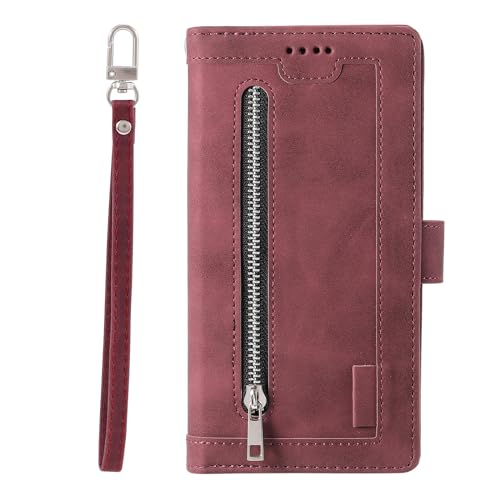EYZUTAK Wallet Phone Case for Samsung Galaxy A17 5G/A26 5G, Retro Matte 9 Card Holder Slots Zipper Pocket Handbag Case PU Leather Magnetic Closure Kickstand with Wrist Strap Flip Cover - Wine Red by EYZUTAK - Image 9